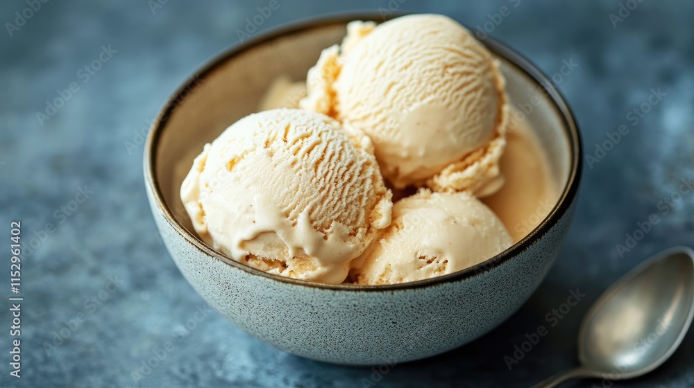 Creamy vanilla ice cream scoops in a stylish ceramic bowl against a rustic background Creamy vanilla ice cream scoops in a stylish ceramic bowl against a rustic background