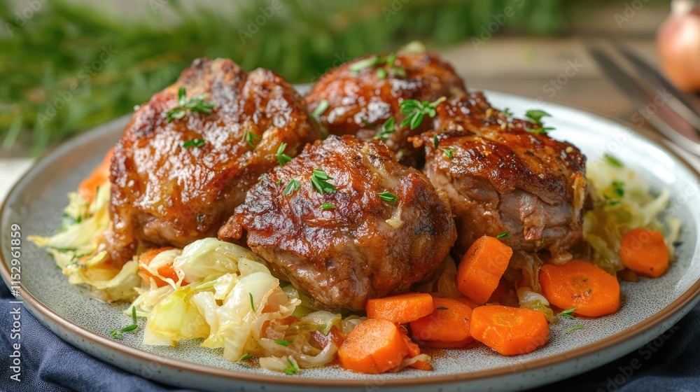 Baked pork cheeks with sautéed cabbage and carrots elegantly presented on a rustic plate for a hearty meal. Baked pork cheeks with sautéed cabbage and carrots elegantly presented on a rustic plate for a hearty meal.