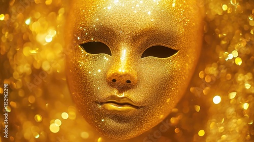 Elegant golden toy mask on a shimmering gold background with sparkling bokeh effect, perfect for artistic and festive themes.