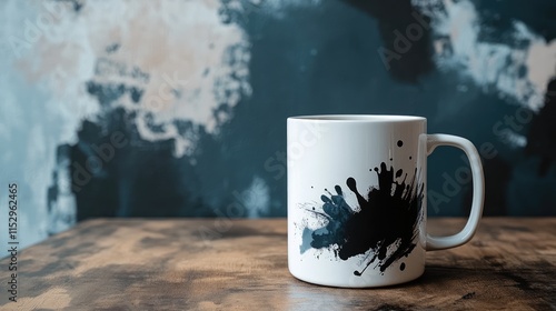 Minimalistic mug with abstract black splash design on rustic wooden table against artistic textured background photo