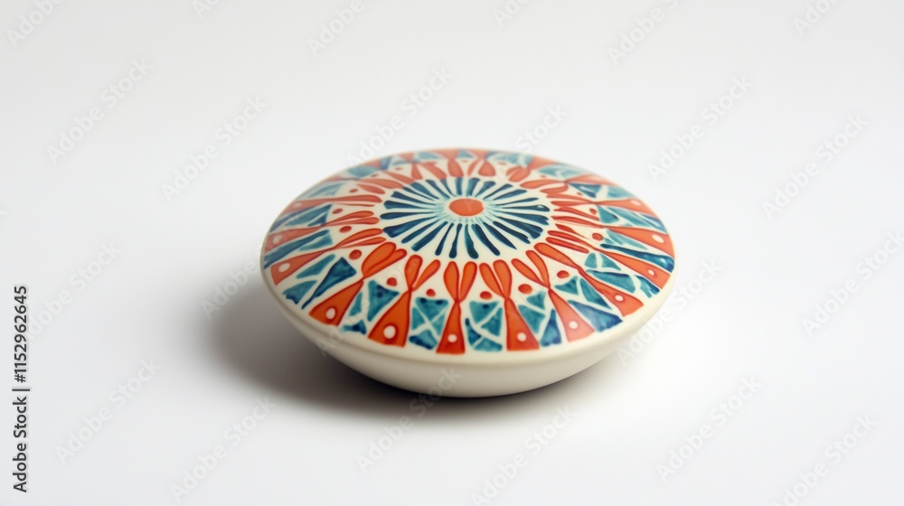 Obraz premium A ceramic button with hand-painted geometric patterns centered on a plain white surface.