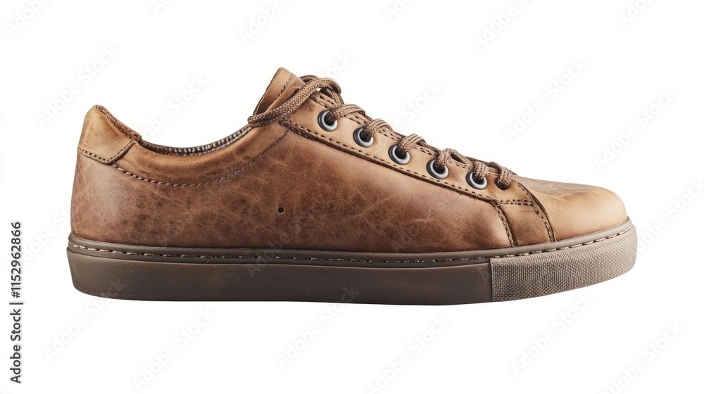 Classic brown leather sneaker on white background showcasing detailed craftsmanship and versatile design for casual wear. Classic brown leather sneaker on white background showcasing detailed craftsmanship and versatile design for casual wear.
