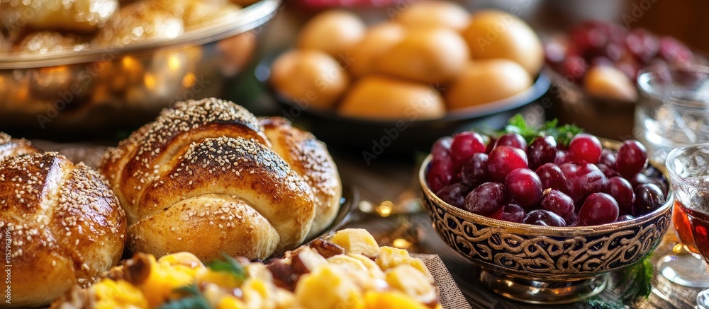 Traditional Jewish holiday feast featuring challah bread, colorful dishes, and fresh fruits on a beautifully set table. Traditional Jewish holiday feast featuring challah bread, colorful dishes, and fresh fruits on a beautifully set table.