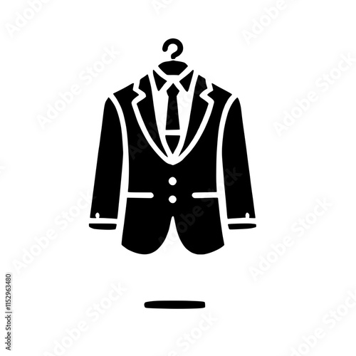 Suit Up: A sleek black silhouette of a suit jacket with a tie on a hanger, perfect for business, fashion, and professional concepts.  