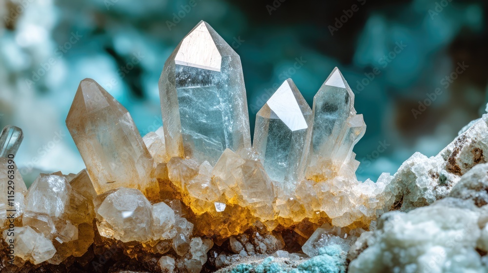 Mineral showcase featuring spodumene and apophyllite crystals with intricate formations and reflections on a natural mineral backdrop. Mineral showcase featuring spodumene and apophyllite crystals with intricate formations and reflections on a natural mineral backdrop.