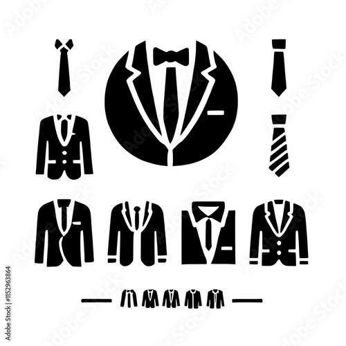 Suit Up: A sleek and stylish set of black and white icons depicting various formal attire elements, including suits, jackets, bow ties, and ties. Perfect for representing elegance, professionalism.