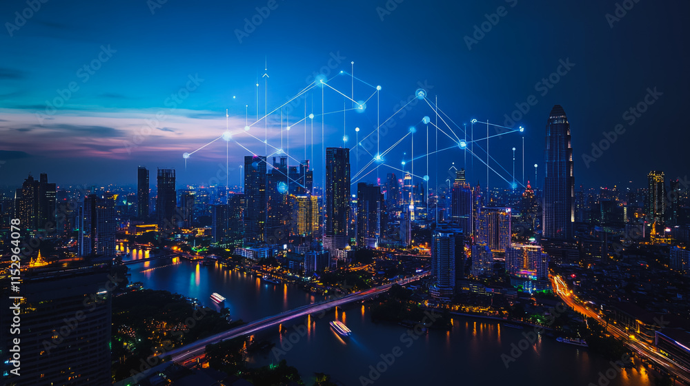 Obraz premium Abstract businesswoman stands on the peak of success Smart digital city with connection cyber security network reciprocity over the cityscape future wireless digital city and social media networking