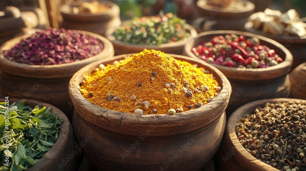Fototapeta premium Assorted herbs and spices in wooden bowls arranged on a rustic table showcasing vibrant colors and textures for culinary inspiration