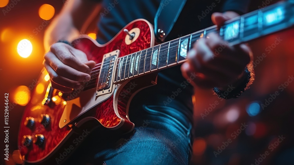 Obraz premium Close-up of a guitarist performing on stage with vibrant lighting.