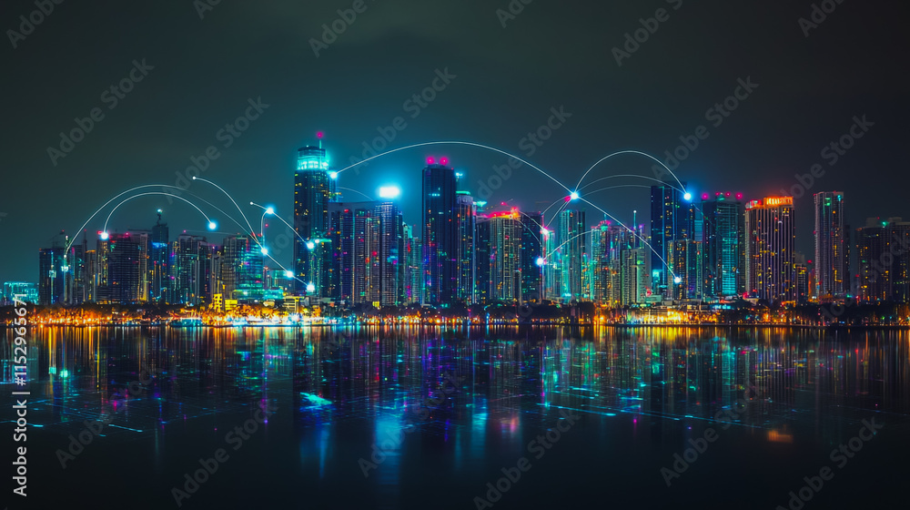 Fototapeta premium Abstract businesswoman stands on the peak of success Smart digital city with connection cyber security network reciprocity over the cityscape future wireless digital city and social media networking