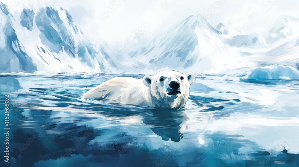 Naklejka premium A polar bear swims in icy waters, surrounded by snowy mountains and a serene landscape.