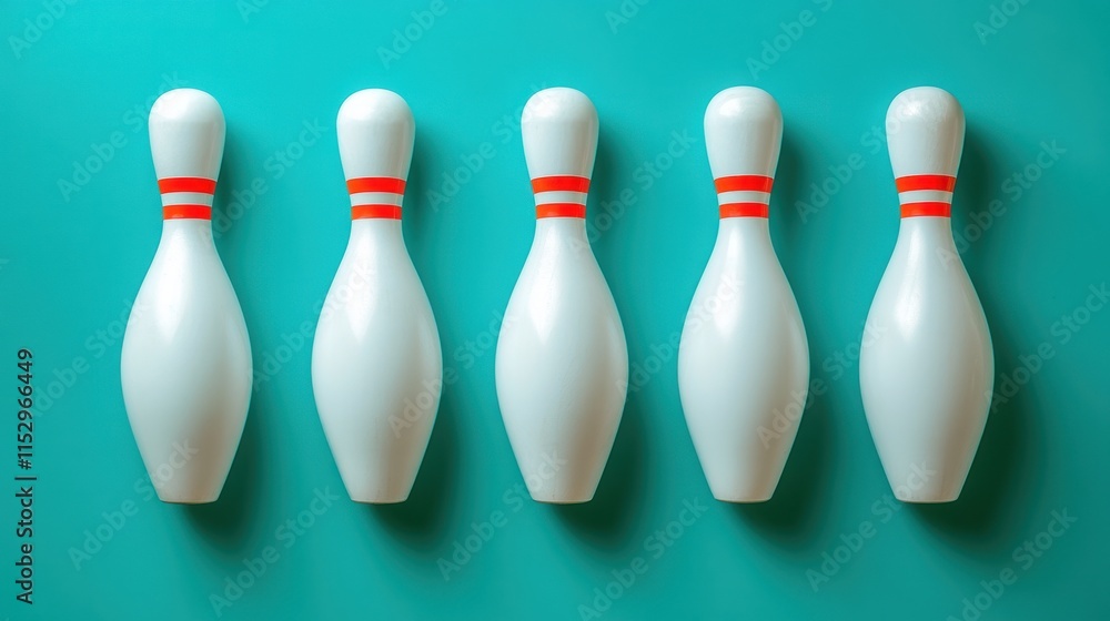 Five White Bowling Pins in a Row on Teal Background Five White Bowling Pins in a Row on Teal Background