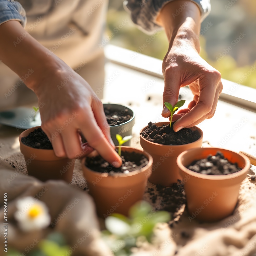 Person planting seedlings in pots on windowsill, home gardening concept Person planting seedlings in pots on windowsill, home gardening concept