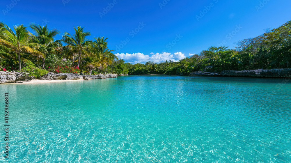 Bright Tropical Lagoon Surrounded by Lush Palm Trees Under Clear Blue Sky Bright Tropical Lagoon Surrounded by Lush Palm Trees Under Clear Blue Sky