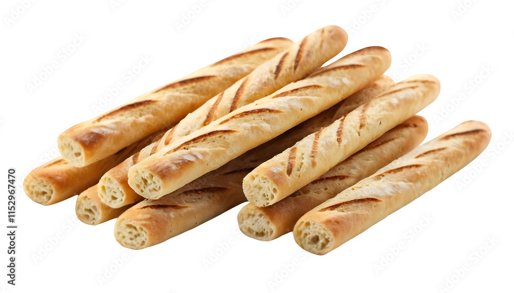 Grissini, a traditional Italian breadstick, is presented against a white background. Grissini, a traditional Italian breadstick, is presented against a white background.