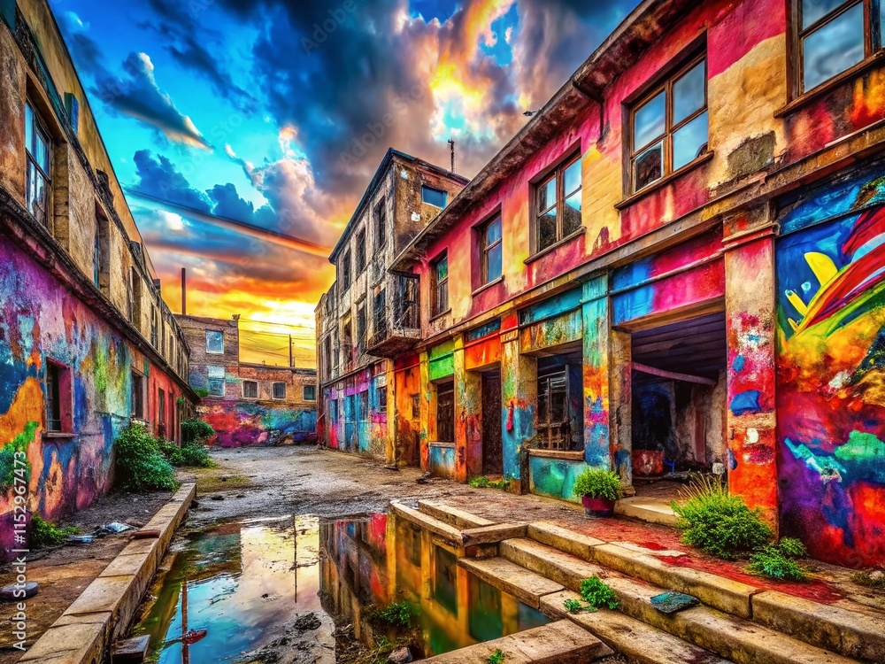 Fototapeta premium Abstract Urban Exploration Oil Painting Background: Colorful Lines & Textures