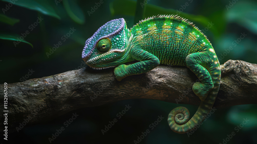 Fototapeta premium Vivid Green Chameleon with Scales Resting on a Branch in Natural Habitat