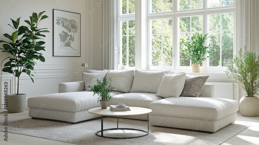 Fototapeta premium Clean and Simple Living Room with Light Gray Couch and Green Plants