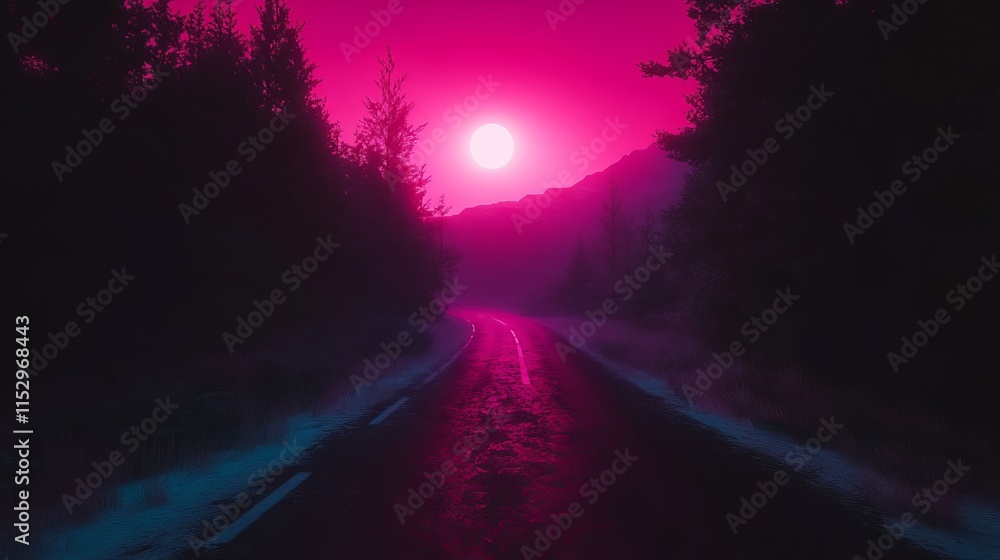 Fototapeta premium Pink Sunset Drive Through Misty Forest Road