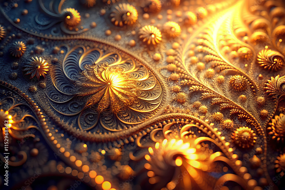 Intricate fractal patterns illuminated by golden light create mesmerizing visual experience, showcasing beauty of abstract design and organic forms Intricate fractal patterns illuminated by golden light create mesmerizing visual experience, showcasing beauty of abstract design and organic forms