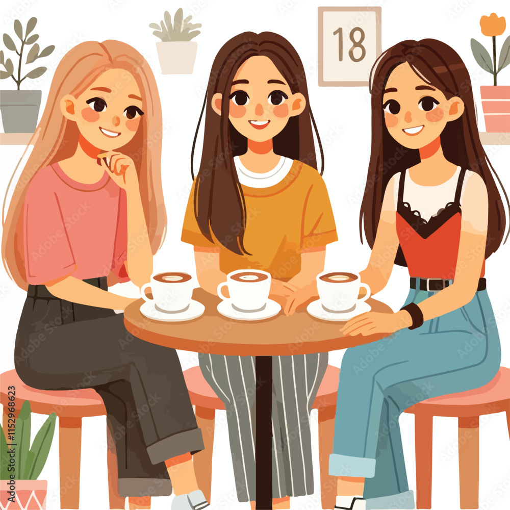 Flat young girl friends in cafe on meeting vector image vector on a white background Flat young girl friends in cafe on meeting vector image vector on a white background