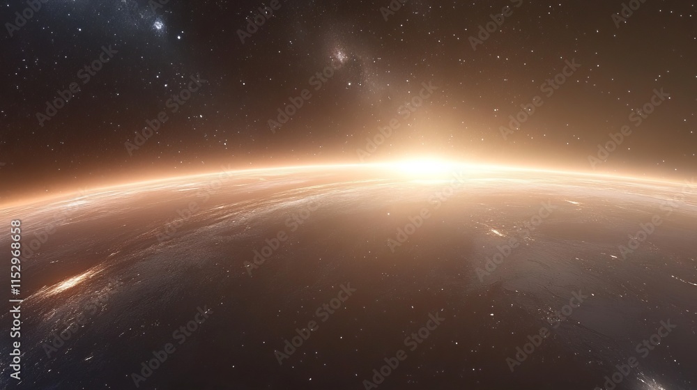 Obraz premium Planetary Sunrise Over Distant Galaxies and Stars