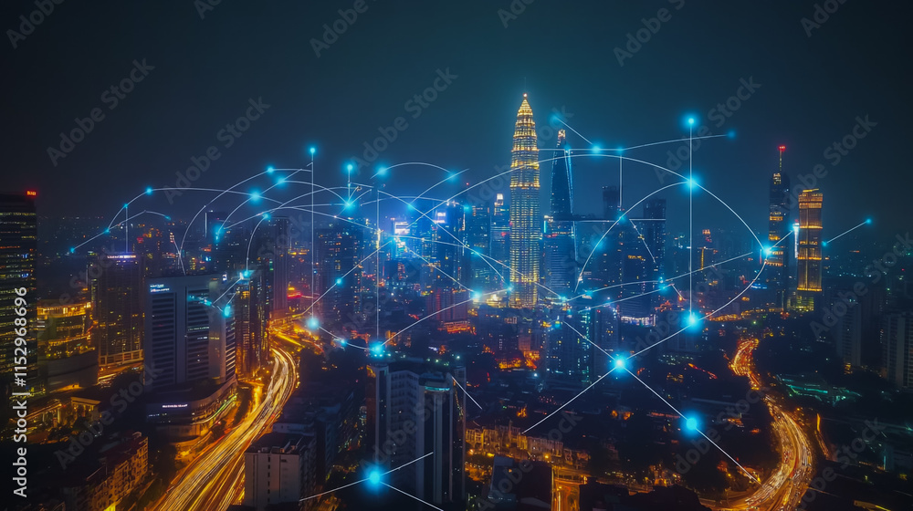 Fototapeta premium Abstract businesswoman stands on the peak of success Smart digital city with connection cyber security network reciprocity over the cityscape future wireless digital city and social media networking