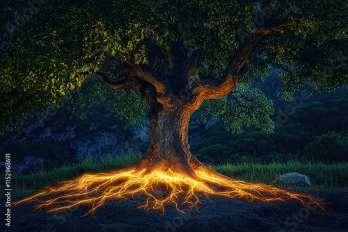 Tree with luminous roots spreading, evoking sustainable growth and solid foundations photo