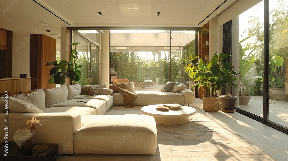 Fototapeta premium Sunlit Modern Living Room with Sectional Sofa and Lush Greenery