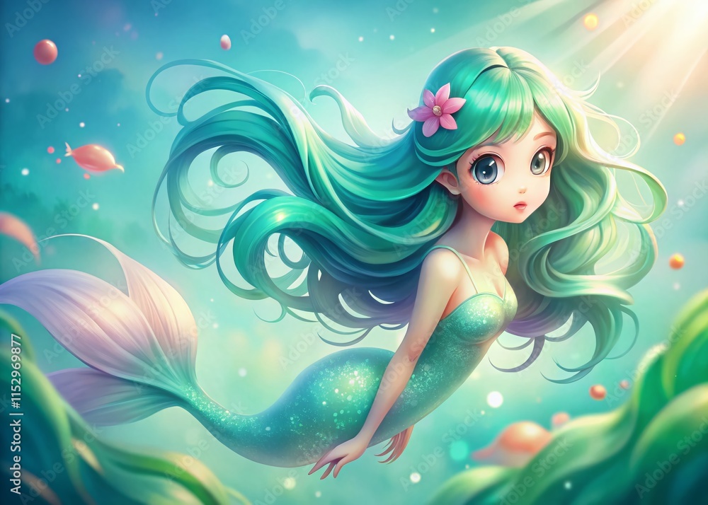 Adorable Asian Cartoon Mermaid with Turquoise Hair - Left Side Copy Space Adorable Asian Cartoon Mermaid with Turquoise Hair - Left Side Copy Space
