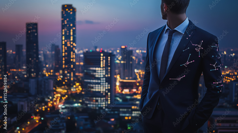 Fototapeta premium Smart digital city with connection cyber security network reciprocity over the cityscape . future smart wireless digital city and social media networking systems that connects people within the city