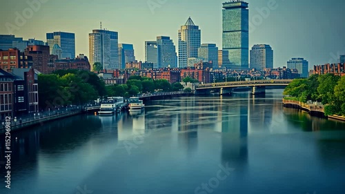 A View of a River With a City in the Background, Boston's historical cityscape viewed from over the Charles River