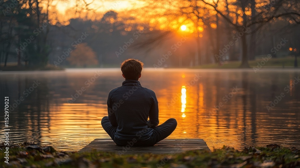 Man sitting in meditation on a wooden dock by a serene lake during a golden sunrise, surrounded by calm water and nature, symbolizing peace and mindfulness. Man sitting in meditation on a wooden dock by a serene lake during a golden sunrise, surrounded by calm water and nature, symbolizing peace and mindfulness.