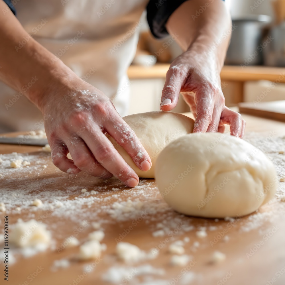 Baker Hands Shape Dough Balls on Wood Table Ready for Baking Baker Hands Shape Dough Balls on Wood Table Ready for Baking