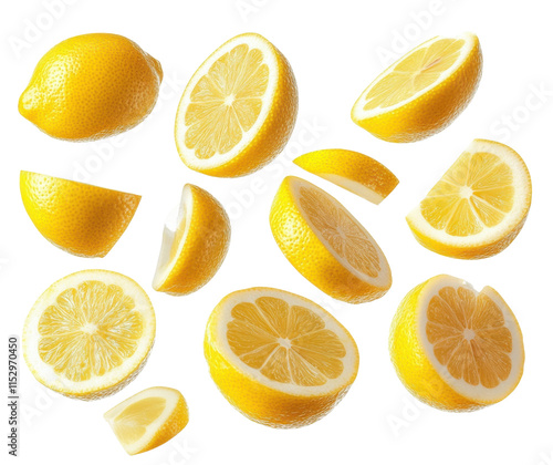 yellow lemons slices falling on white background