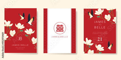 Red Chinese wedding card vector set. Luxury invitation card design with swallow bird, flower, leaf branch. Illustration for vip cover, poster, rsvp modern card, Chinese New Year.