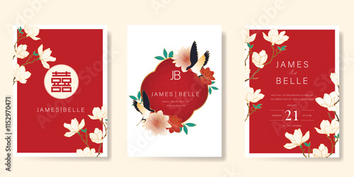 Red Chinese wedding card vector set. Luxury invitation card design with swallow bird, flower, leaf branch. Illustration for vip cover, poster, rsvp modern card, Chinese New Year.