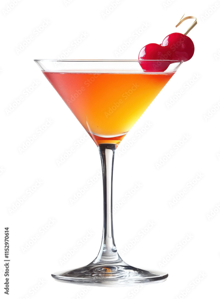 cocktail drinks, red and orange layered martini with cherries on white background cocktail drinks, red and orange layered martini with cherries on white background