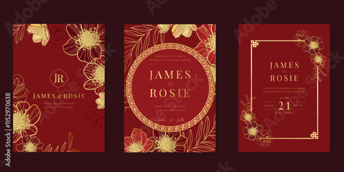 Red Chinese wedding card vector set. Luxury invitation card design with peony flower, leaf branch, frame. Illustration for vip cover, poster, rsvp modern card, Chinese New Year.