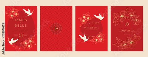Red Chinese wedding card vector set. Luxury invitation card design with crane bird, flower, leaf branch. Illustration for vip cover, poster, rsvp modern card, Chinese New Year.