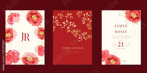 Red Chinese wedding card vector set. Luxury invitation card design with watercolor poppy flower, leaf branch. Illustration for vip cover, poster, rsvp modern card, Chinese New Year.