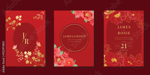 Red Chinese wedding card vector set. Luxury invitation card design with watercolor poppy, peony flower, leaf branch, butterfly. Illustration for vip cover, poster, rsvp modern card, Chinese New Year.