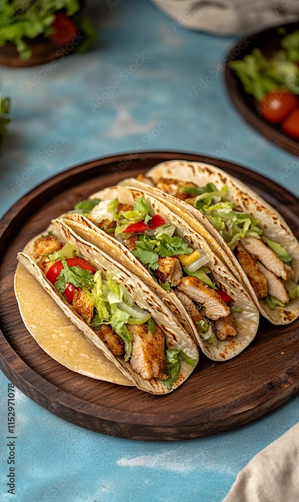 Three delicious chicken tacos on a wooden plate, garnished with lettuce, bell peppers, and corn. Three delicious chicken tacos on a wooden plate, garnished with lettuce, bell peppers, and corn.