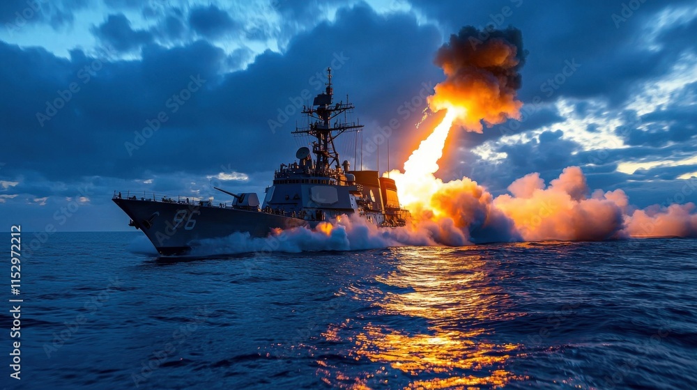 Powerful Navy Warship Launching Missile During Dramatic Sunset at Sea Powerful Navy Warship Launching Missile During Dramatic Sunset at Sea