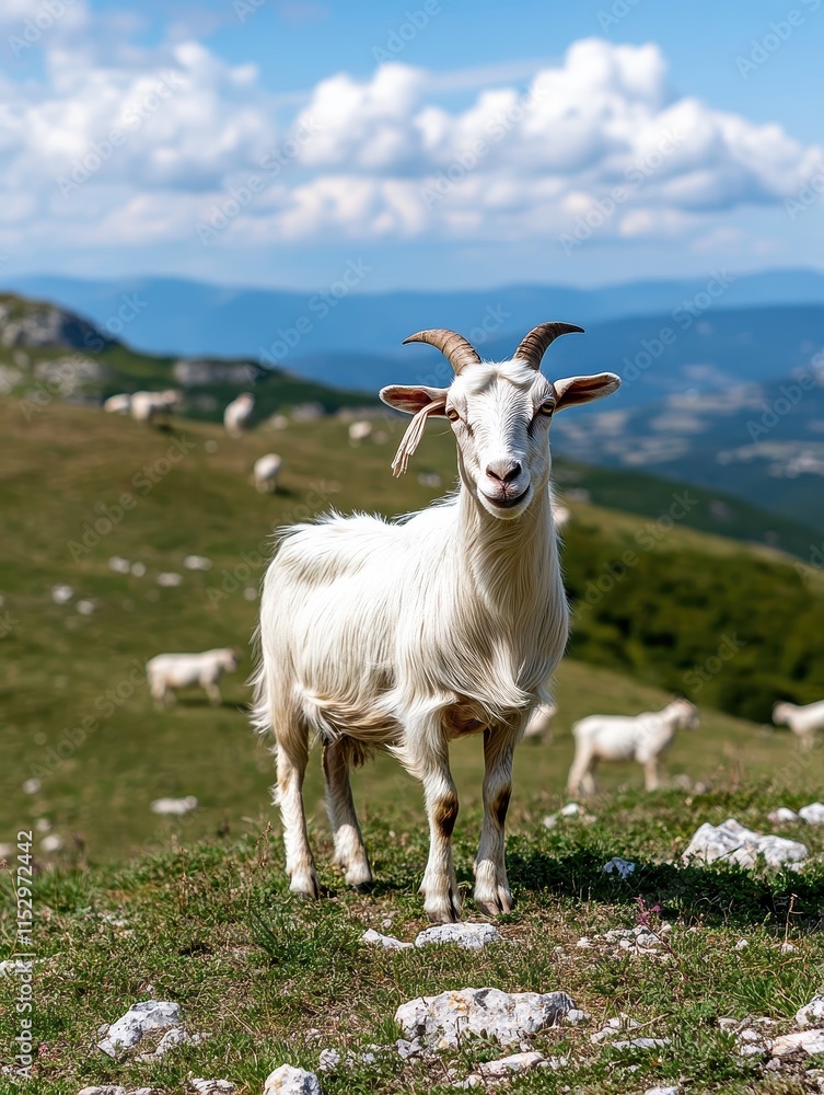 Majestic goat grazing on scenic mountain meadow outdoors animal photography natural landscape wide angle view nature's beauty Majestic goat grazing on scenic mountain meadow outdoors animal photography natural landscape wide angle view nature's beauty