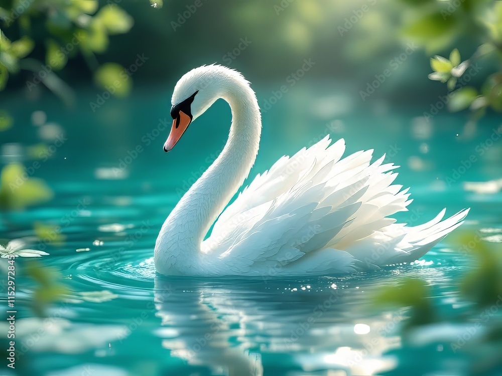Fototapeta premium Bokeh AI art of a swan leaf, swimming.