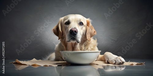 Adorable Golden Retriever Puppy Relaxing Next to Torn Paper on Gray Background - Double Exposure Stock Photo photo