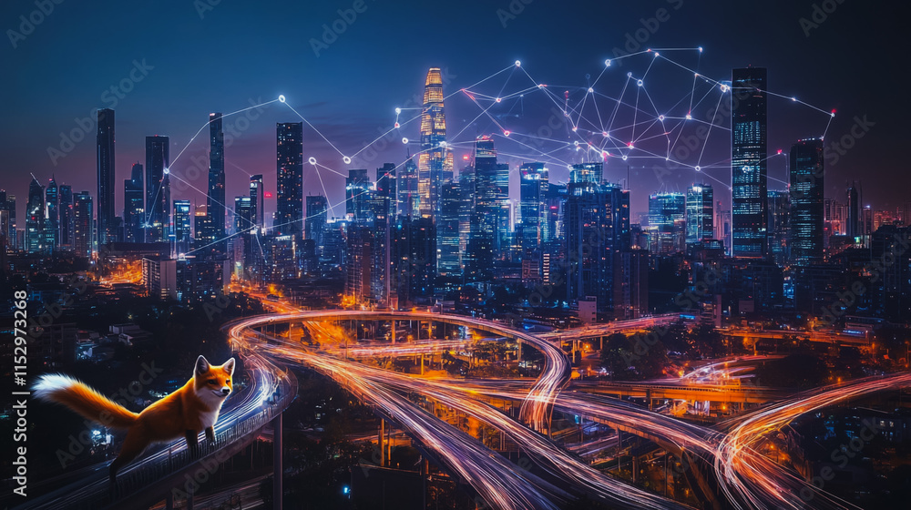 Naklejka premium Smart digital city with connection cyber security network reciprocity over the cityscape . future smart wireless digital city and social media networking systems that connects people within the city
