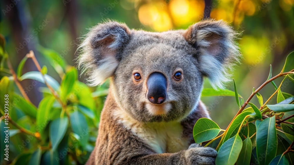 Fototapeta premium Adorable Koala Relaxing in Eucalyptus Tree - High-Resolution Stock Photo
