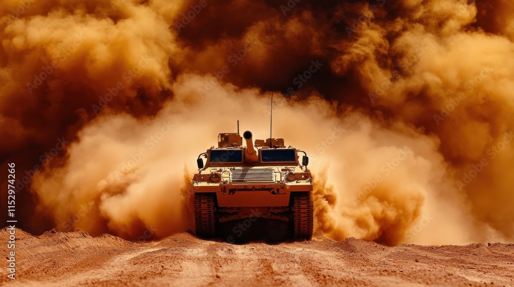 Fototapeta premium Powerful Military Tank Charging Through Explosive Desert Battlefield